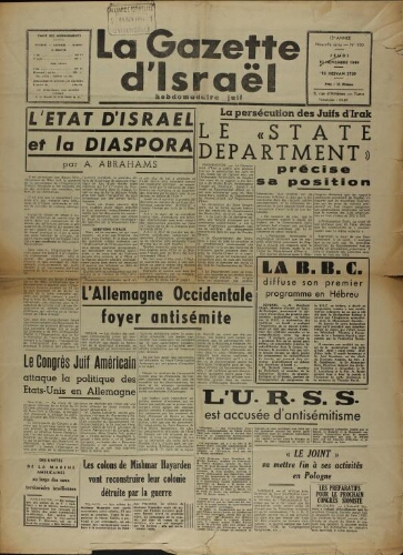 La Gazette d'Israël. 10 novembre 1949 V13 N°190